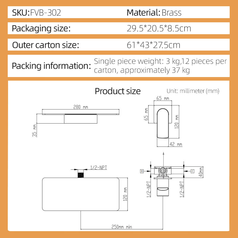 FVB302 Single Lever Handle Wall-Mounted Waterfall Faucet Solid Brass FVB302 Single Lever Handle Wall-Mounted Waterfall Faucet Solid Brass