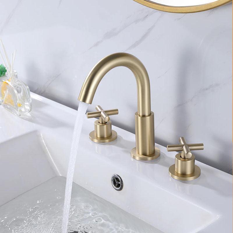 FVB314 Brushed Gold Brass Basin Faucet – Dual Cross-Handle, Splash-Free Flow