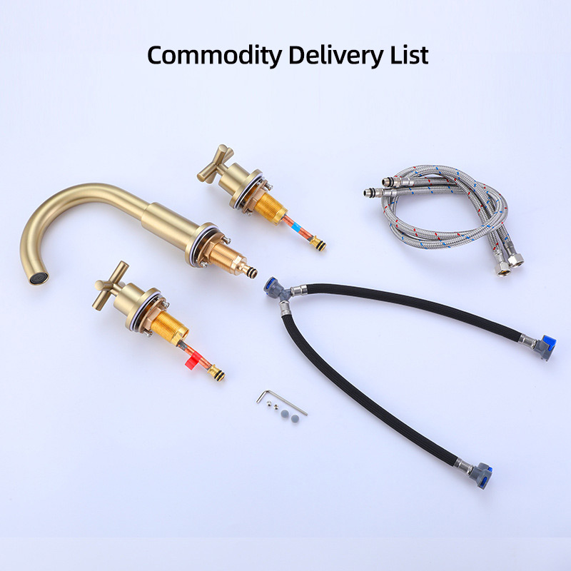 FVB314 Brushed Gold Brass Basin Faucet – Dual Cross-Handle, Splash-Free Flow