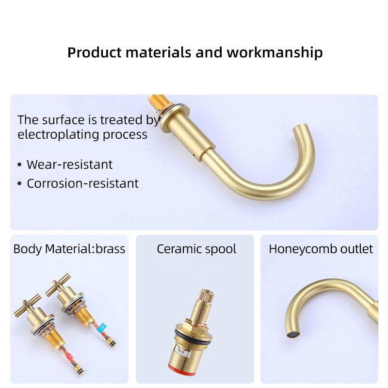 FVB314 Brushed Gold Brass Basin Faucet – Dual Cross-Handle, Splash-Free Flow