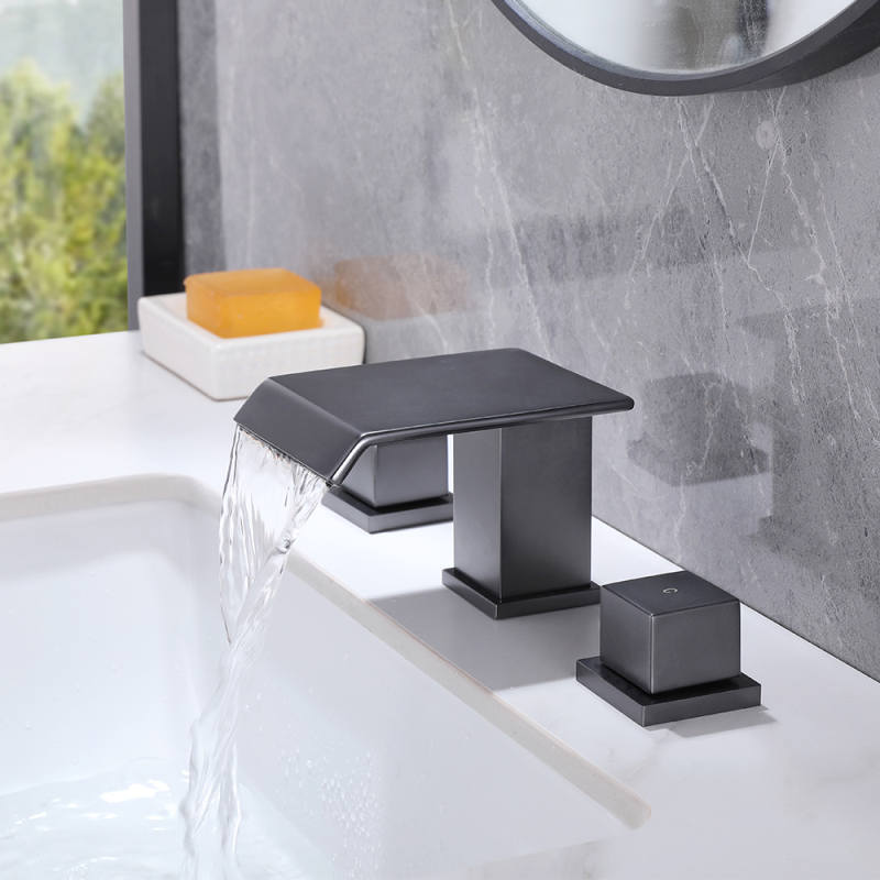 FVB331 Matte Black Waterfall 3 Holes Bathroom Basin Tap Square Dual Handle