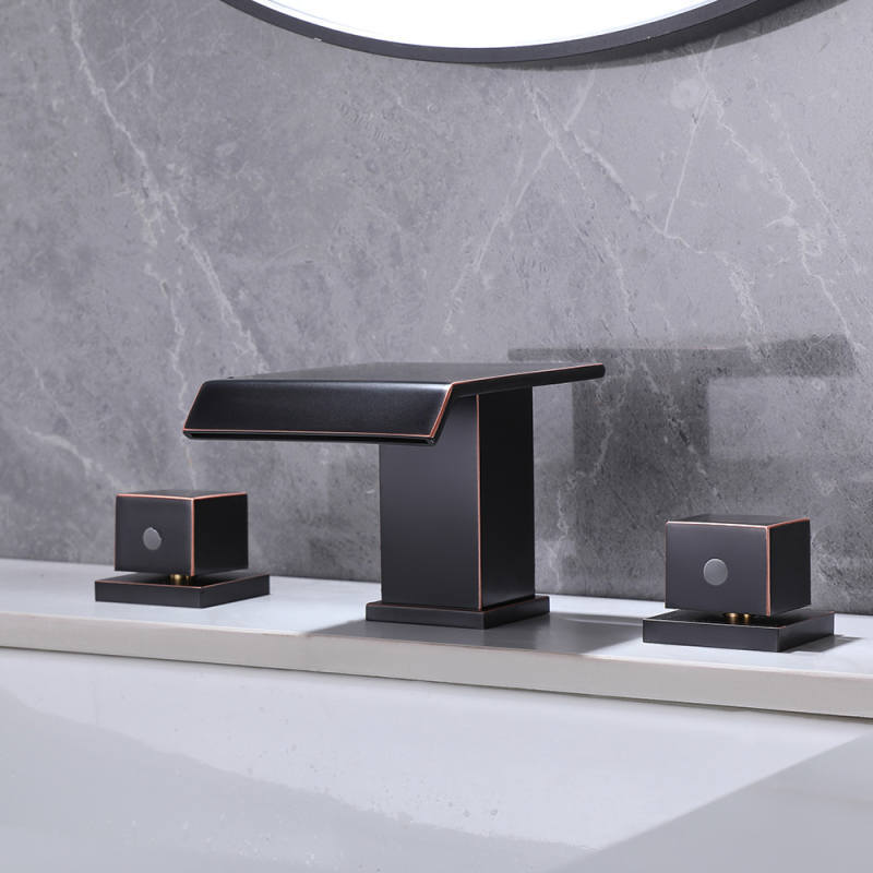 FVB331 Matte Black Waterfall 3 Holes Bathroom Basin Tap Square Dual Handle