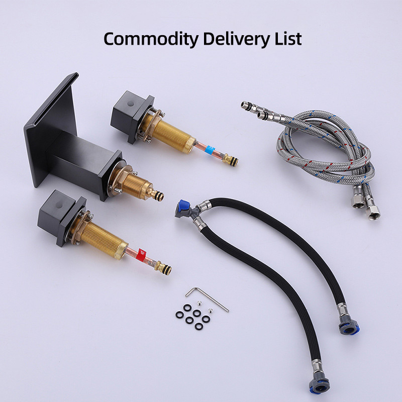 FVB331 Matte Black Waterfall 3 Holes Bathroom Basin Tap Square Dual Handle