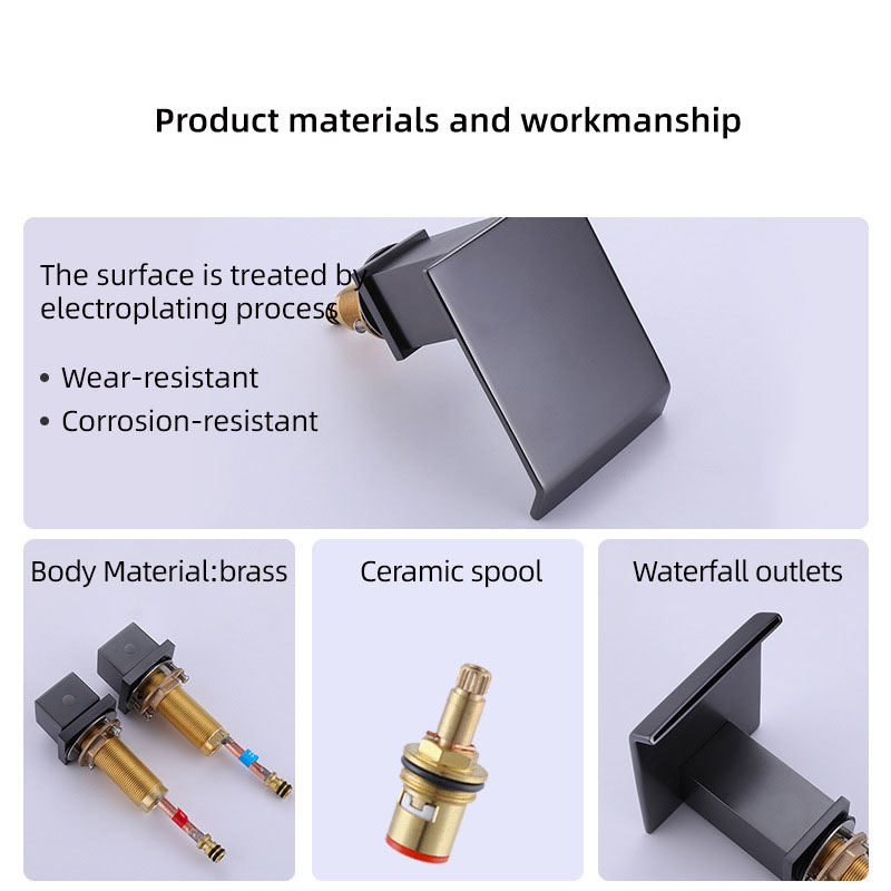 FVB331 Matte Black Waterfall 3 Holes Bathroom Basin Tap Square Dual Handle