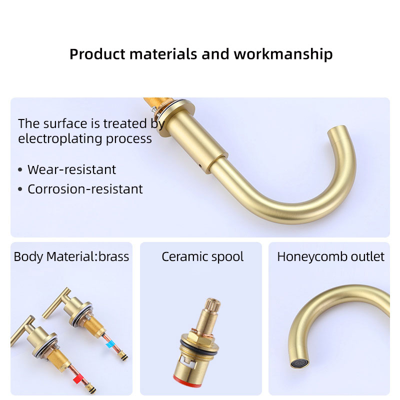 FVB333 Brushed Gold Brass Basin Faucet – Dual Cross-Handle, Splash-Free Flow