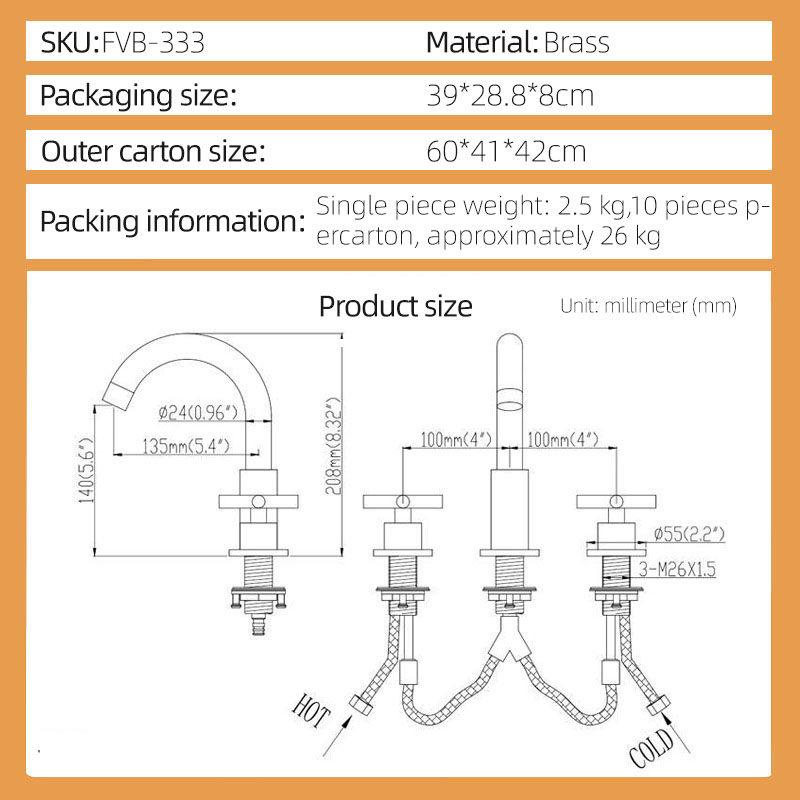 FVB333 Brushed Gold Brass Basin Faucet – Dual Cross-Handle, Splash-Free Flow