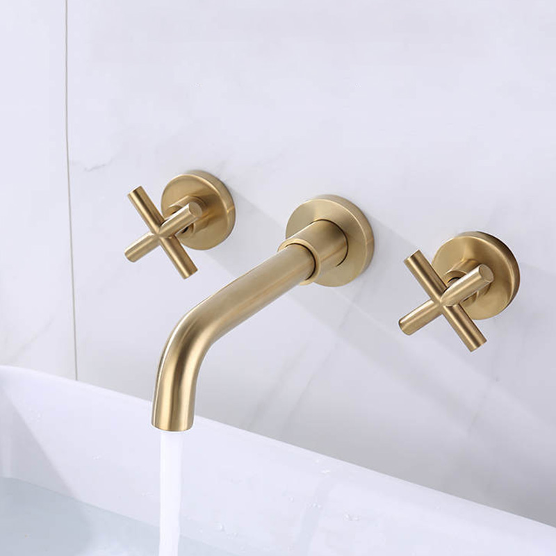 FVB337 Wall-Mounted Basin Faucet | Brushed Gold Brass & Double-Handle Control