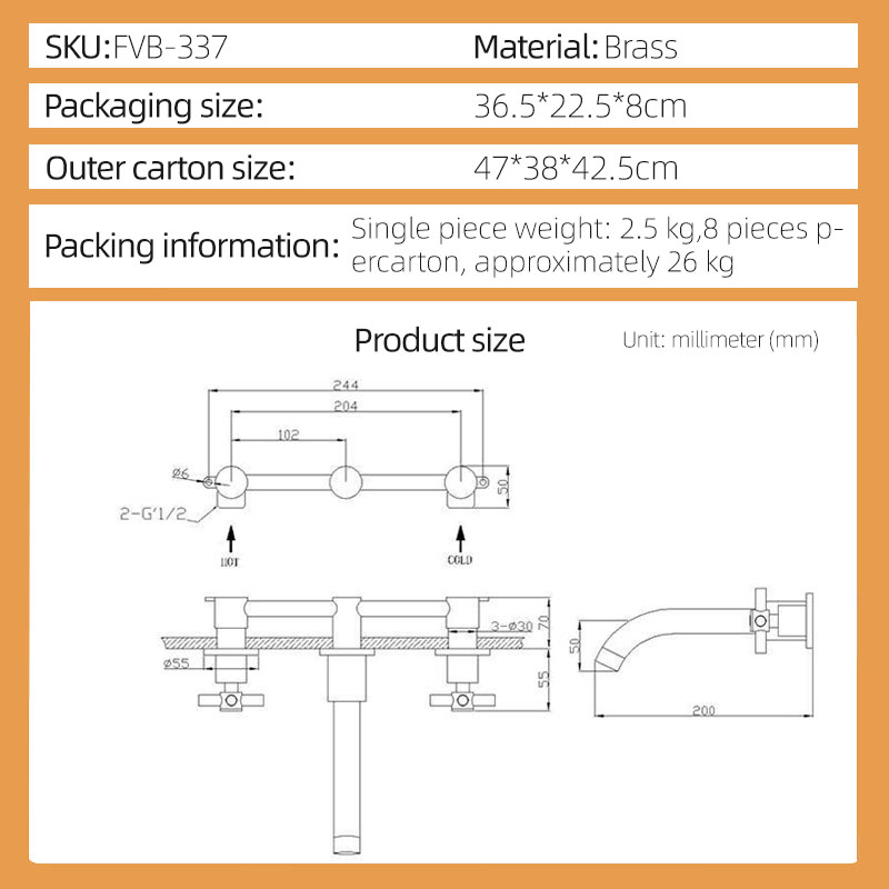 FVB337 Wall-Mounted Basin Faucet | Brushed Gold Brass & Double-Handle Control FVB337 Wall-Mounted Basin Faucet | Brushed Gold Brass & Double-Handle Control