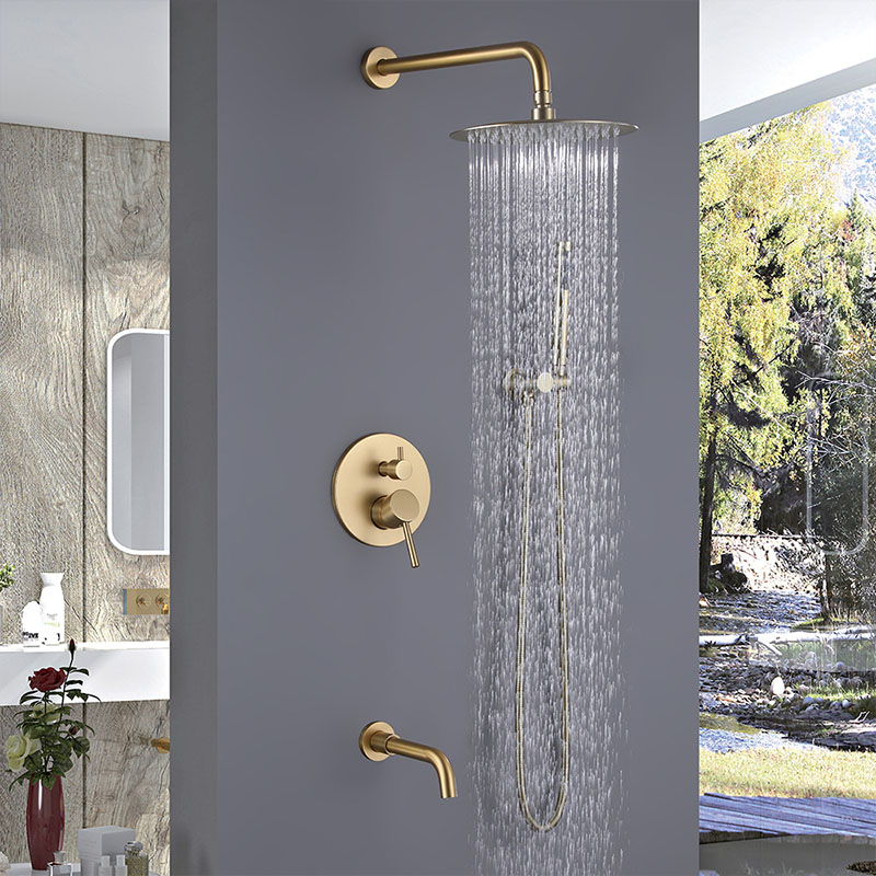 FSS202 Brushed Gold Wall Mounted Shower System with Handheld Shower Solid Brass