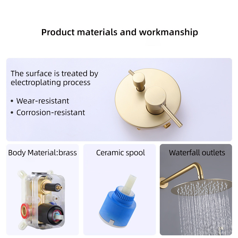 FSS202 Brushed Gold Wall Mounted Shower System with Handheld Shower Solid Brass