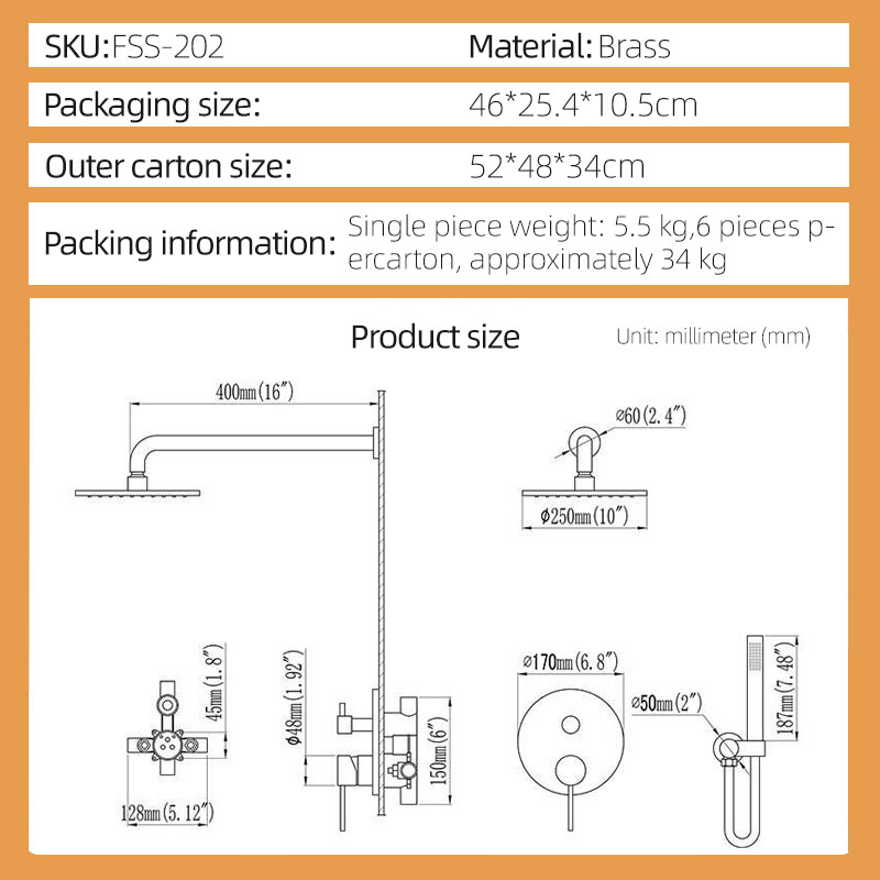 FSS202 Brushed Gold Wall Mounted Shower System with Handheld Shower Solid Brass FSS202 Brushed Gold Wall Mounted Shower System with Handheld Shower Solid Brass