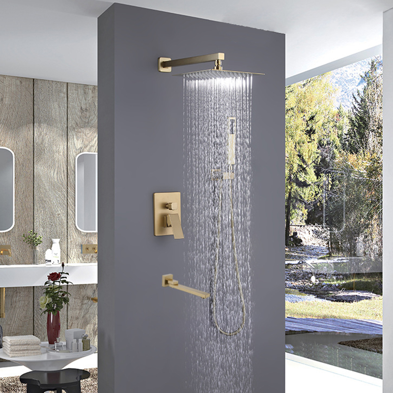 FSS205 Modern Square Rain Shower Head Wall Mounted Solid Brass Shower Mixer in Brushed Gold