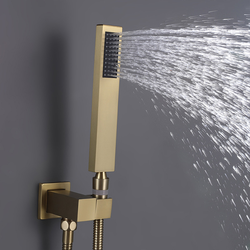 FSS205 Modern Square Rain Shower Head Wall Mounted Solid Brass Shower Mixer in Brushed Gold