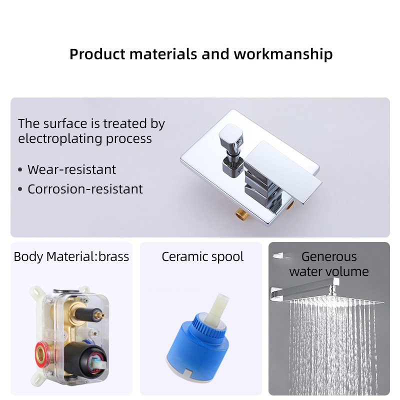 FSS205 Modern Square Rain Shower Head Wall Mounted Solid Brass Shower Mixer in Brushed Gold