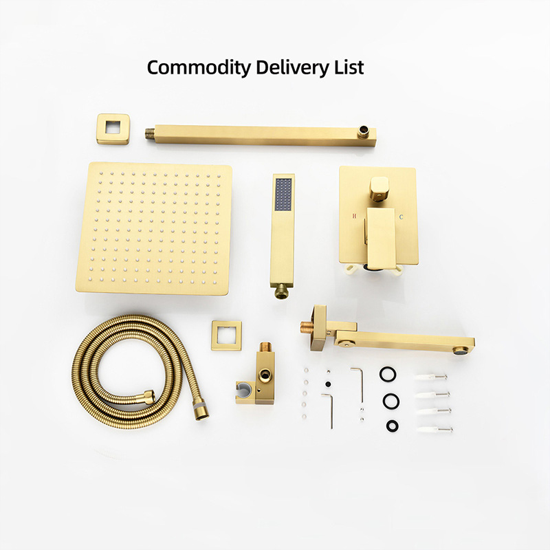 FSS205 Modern Square Rain Shower Head Wall Mounted Solid Brass Shower Mixer in Brushed Gold FSS205 Modern Square Rain Shower Head Wall Mounted Solid Brass Shower Mixer in Brushed Gold