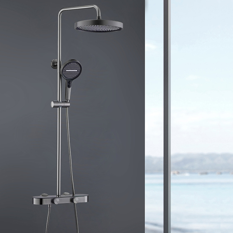 FSS209 Black Exposed Rainfall Shower Mixer Tap with Handshower Rack Solid Brass