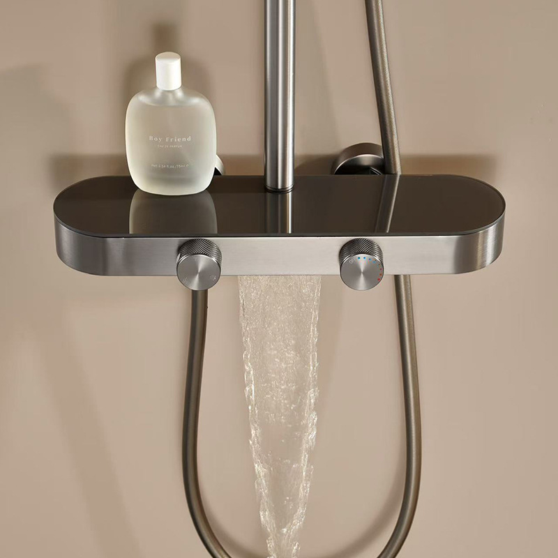 FSS209 Black Exposed Rainfall Shower Mixer Tap with Handshower Rack Solid Brass