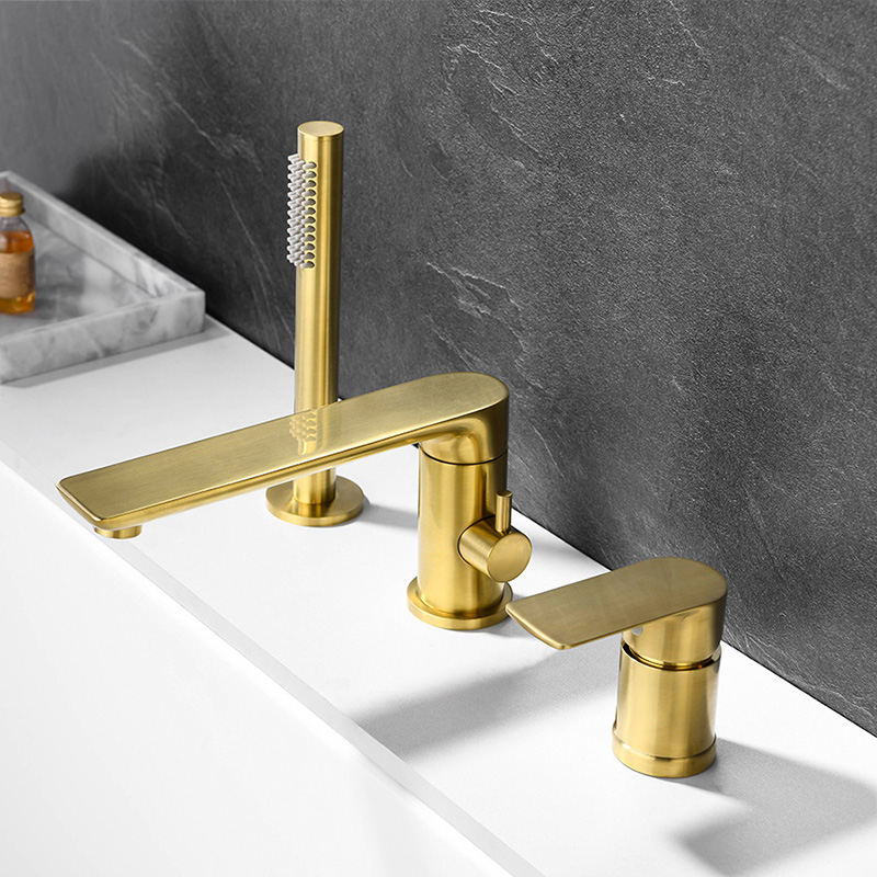 FBT102 Brushed Gold Deck-Mount 3-Hole Bath Filler Tap with Handshower Solid Brass