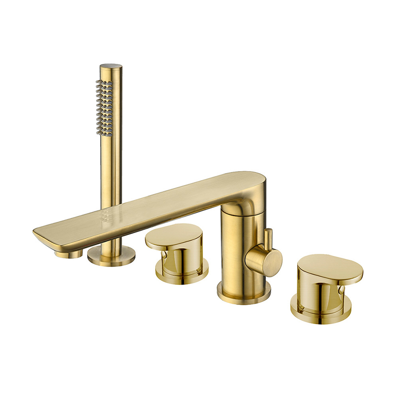 FBT102 Brushed Gold Deck-Mount 3-Hole Bath Filler Tap with Handshower Solid Brass