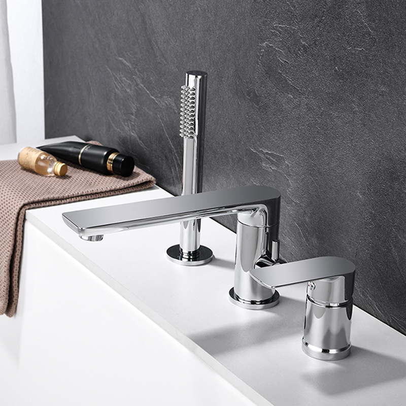 FBT102 Brushed Gold Deck-Mount 3-Hole Bath Filler Tap with Handshower Solid Brass