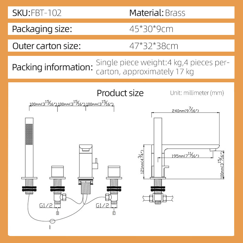 FBT102 Brushed Gold Deck-Mount 3-Hole Bath Filler Tap with Handshower Solid Brass FBT102 Brushed Gold Deck-Mount 3-Hole Bath Filler Tap with Handshower Solid Brass
