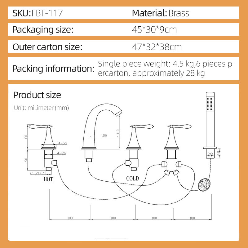 FBT117 Bath Filler Tap with Handshower Solid Brass FBT117 Bath Filler Tap with Handshower Solid Brass