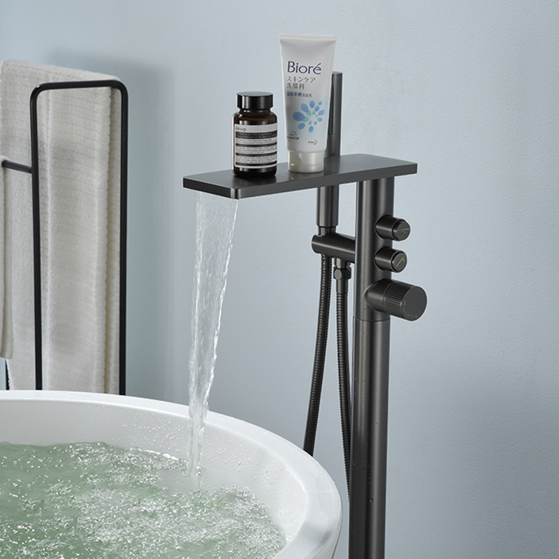 FBT103 Matte Black Freestanding Bathtub Faucet with Waterfall Spout & Handheld Shower