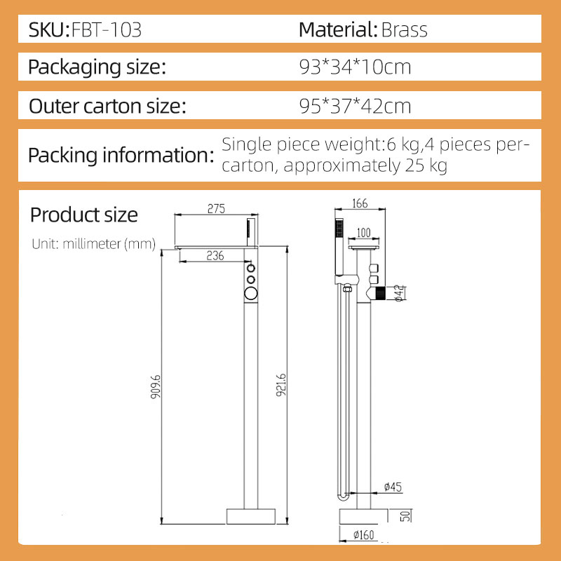 FBT103 Matte Black Freestanding Bathtub Faucet with Waterfall Spout & Handheld Shower