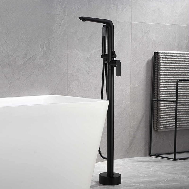 FBT104 Modern Matte Black 1-Handle Freestanding Bath Filler Tap & Handshower Solid Brass