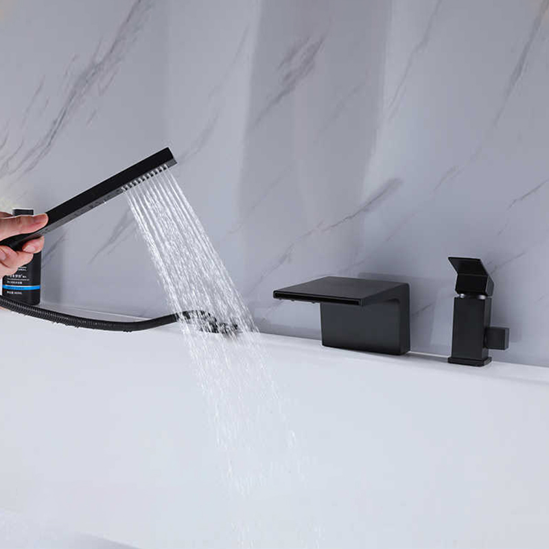 FBT105 Waterfall Matte Black 3-hole Bath Filler Tap with Handshower Solid Brass