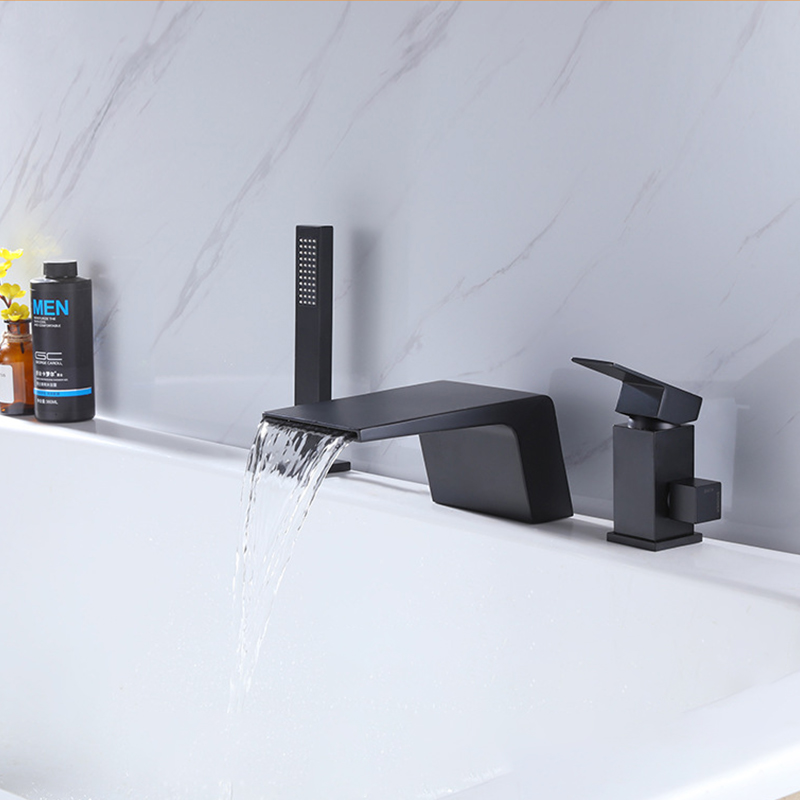 FBT105 Waterfall Matte Black 3-hole Bath Filler Tap with Handshower Solid Brass