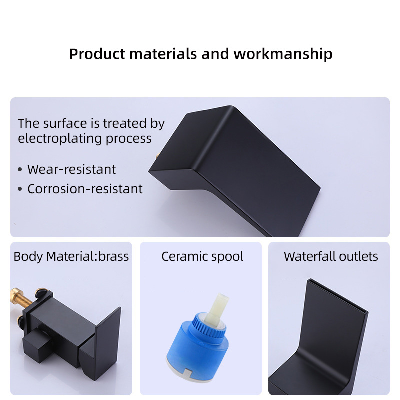 FBT105 Waterfall Matte Black 3-hole Bath Filler Tap with Handshower Solid Brass