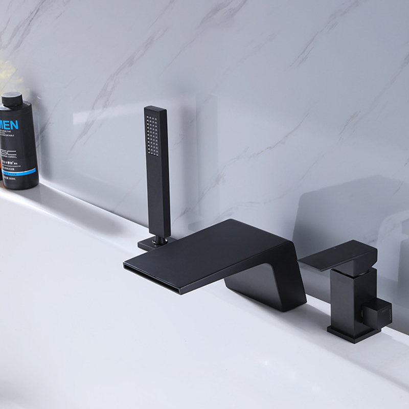 FBT105 Waterfall Matte Black 3-hole Bath Filler Tap with Handshower Solid Brass