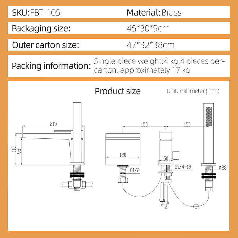 FBT105 Waterfall Matte Black 3-hole Bath Filler Tap with Handshower Solid Brass FBT105 Waterfall Matte Black 3-hole Bath Filler Tap with Handshower Solid Brass