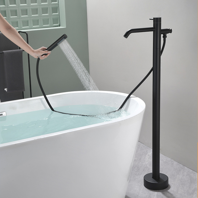 FBT106 Modern Matte Black 1-Handle Freestanding Bath Filler Tap & Handshower Solid Brass