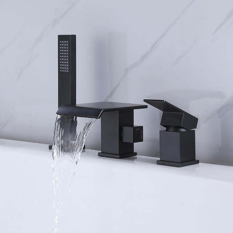 FBT107 Waterfall Matte Black 3-hole Bath Filler Tap with Handshower Solid Brass