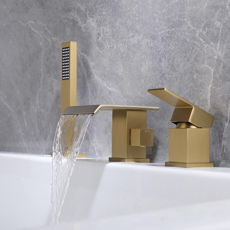 FBT107 Waterfall Matte Black 3-hole Bath Filler Tap with Handshower Solid Brass
