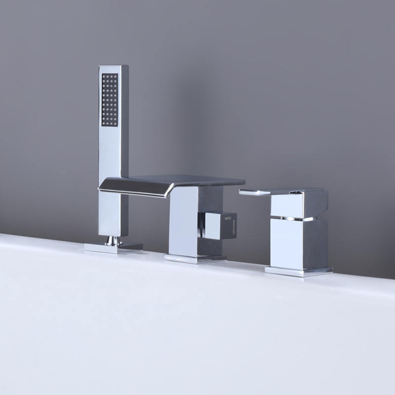 FBT107 Waterfall Matte Black 3-hole Bath Filler Tap with Handshower Solid Brass