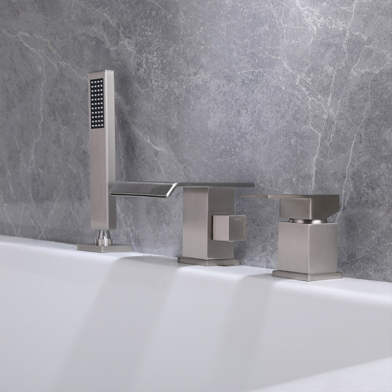 FBT107 Waterfall Matte Black 3-hole Bath Filler Tap with Handshower Solid Brass