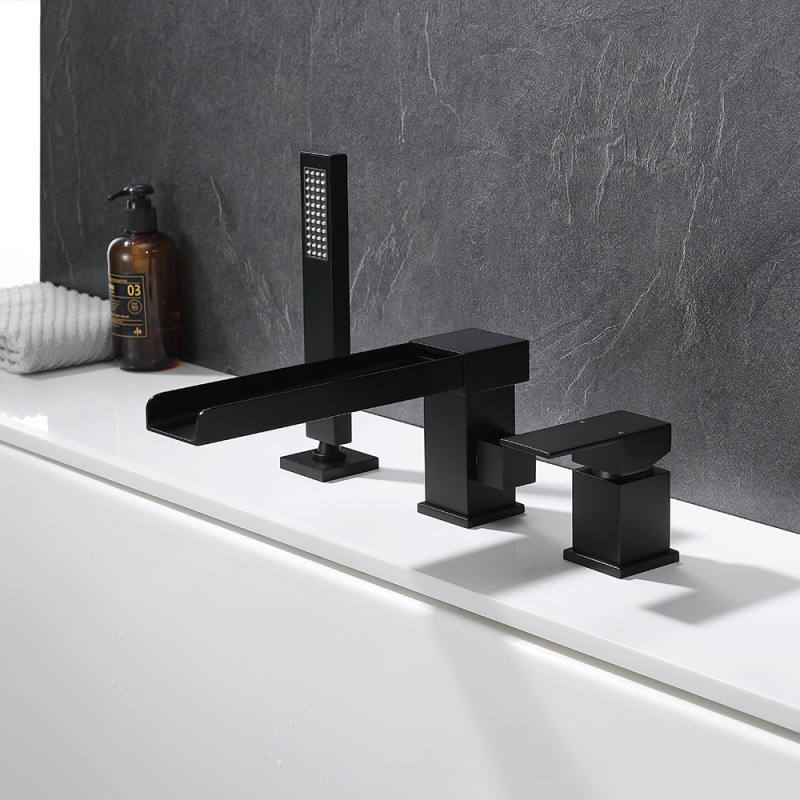 FBT108 Waterfall 3 Holes Bath Filler Tap with Handshower in Brushed Gold