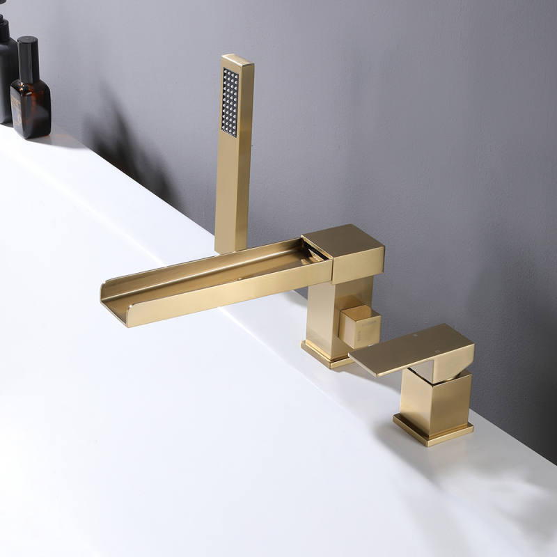FBT108 Waterfall 3 Holes Bath Filler Tap with Handshower in Brushed Gold