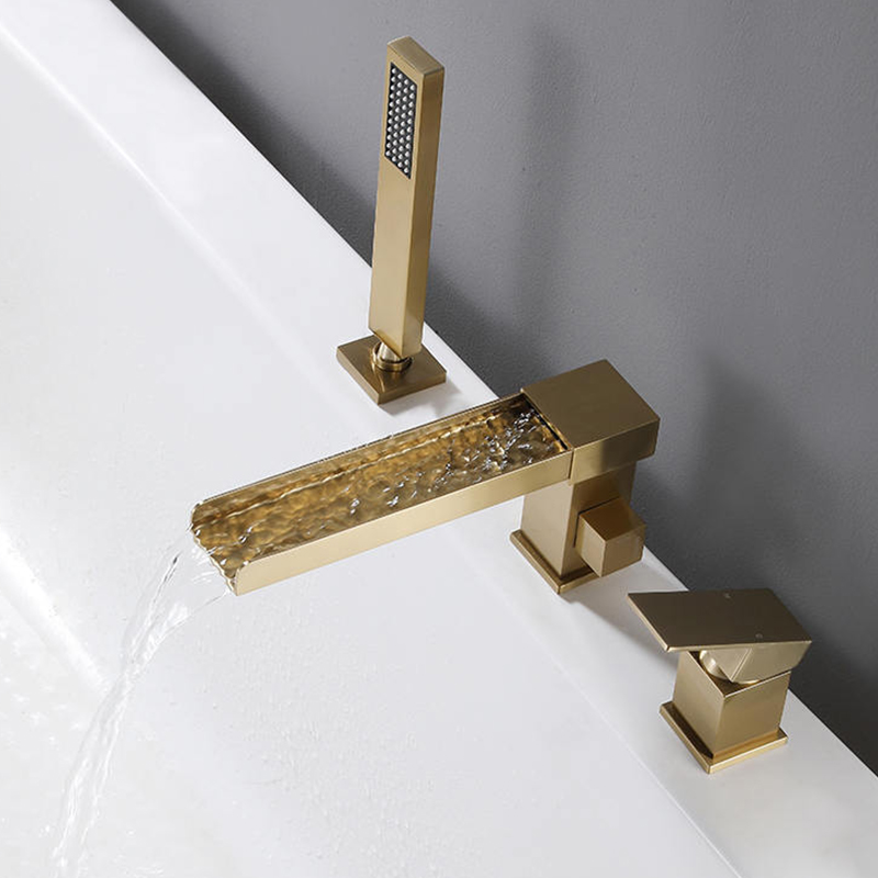 FBT108 Waterfall 3 Holes Bath Filler Tap with Handshower in Brushed Gold
