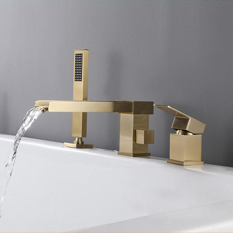 FBT108 Waterfall 3 Holes Bath Filler Tap with Handshower in Brushed Gold