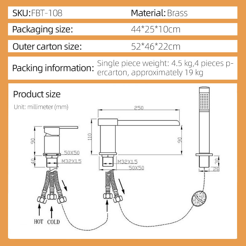 FBT108 Waterfall 3 Holes Bath Filler Tap with Handshower in Brushed Gold