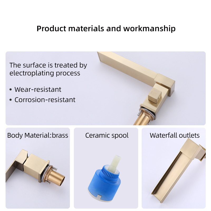 FBT108 Waterfall 3 Holes Bath Filler Tap with Handshower in Brushed Gold