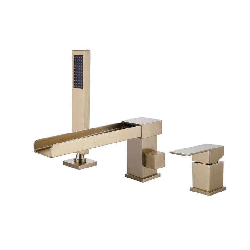 FBT108 Waterfall 3 Holes Bath Filler Tap with Handshower in Brushed Gold
