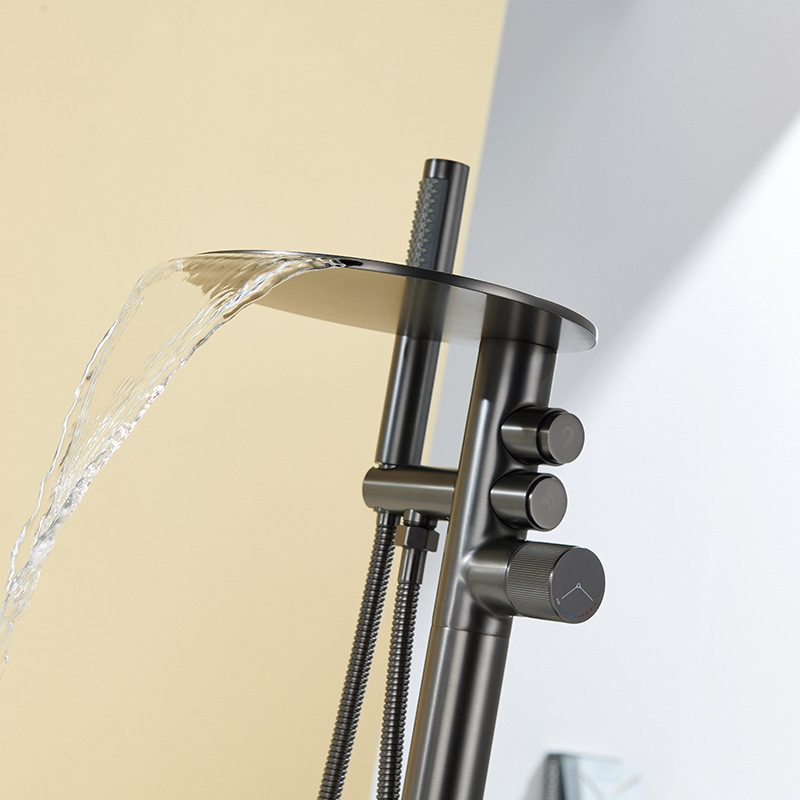 FBT111 Matte Black Freestanding Bathtub Faucet with Waterfall Spout & Handheld Shower