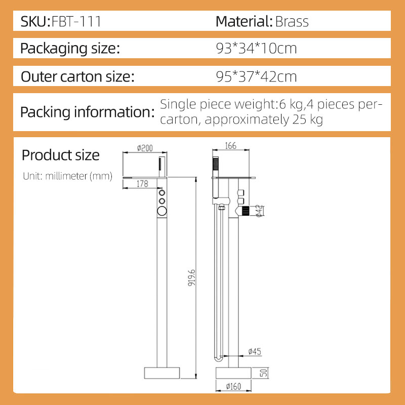 FBT111 Matte Black Freestanding Bathtub Faucet with Waterfall Spout & Handheld Shower
