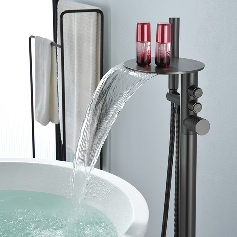 FBT111 Matte Black Freestanding Bathtub Faucet with Waterfall Spout & Handheld Shower