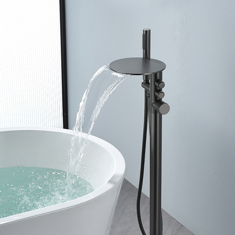 FBT111 Matte Black Freestanding Bathtub Faucet with Waterfall Spout & Handheld Shower